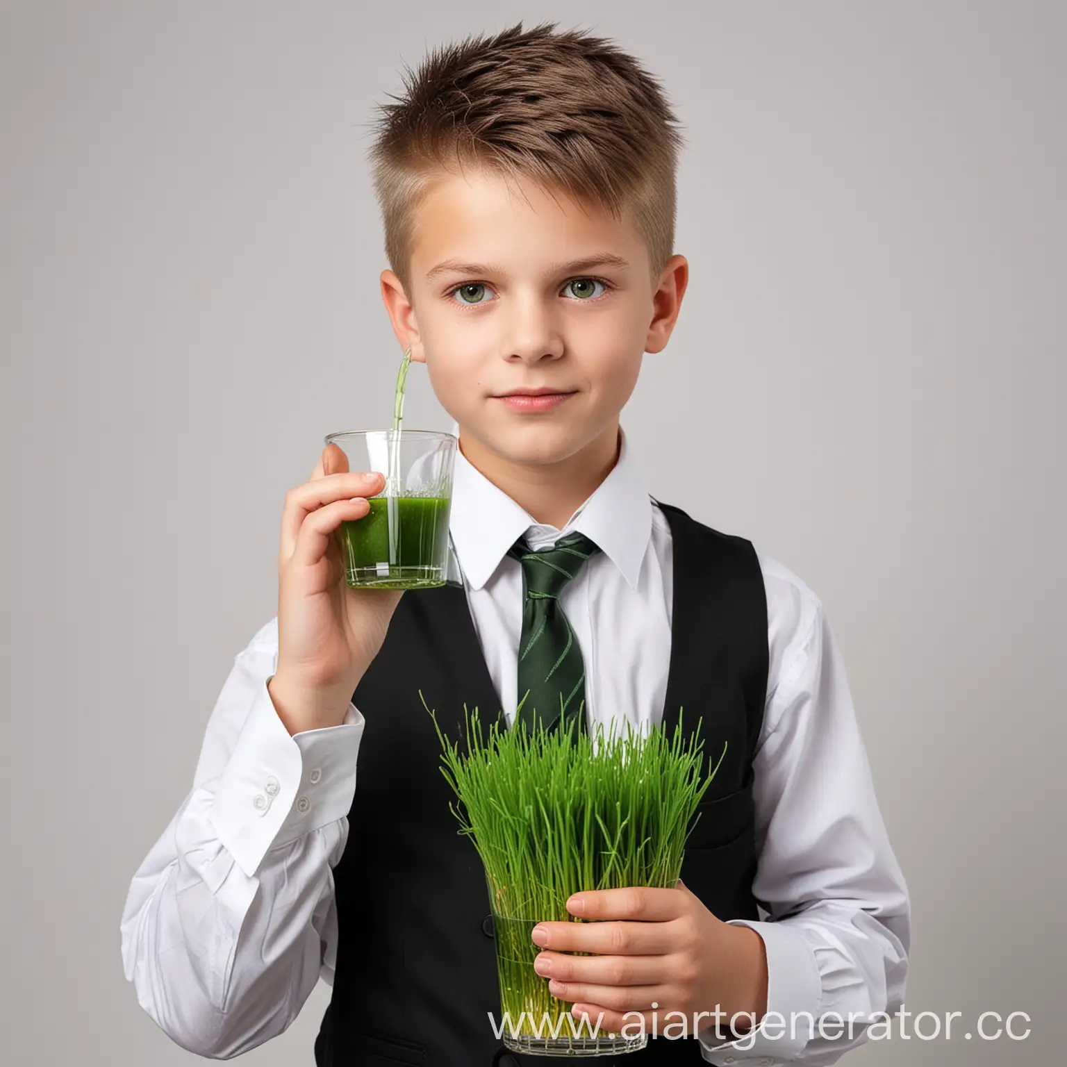 Schoolboy-Drinking-Wheatgrass-Juice-in-Formal-Attire-on-White-Background