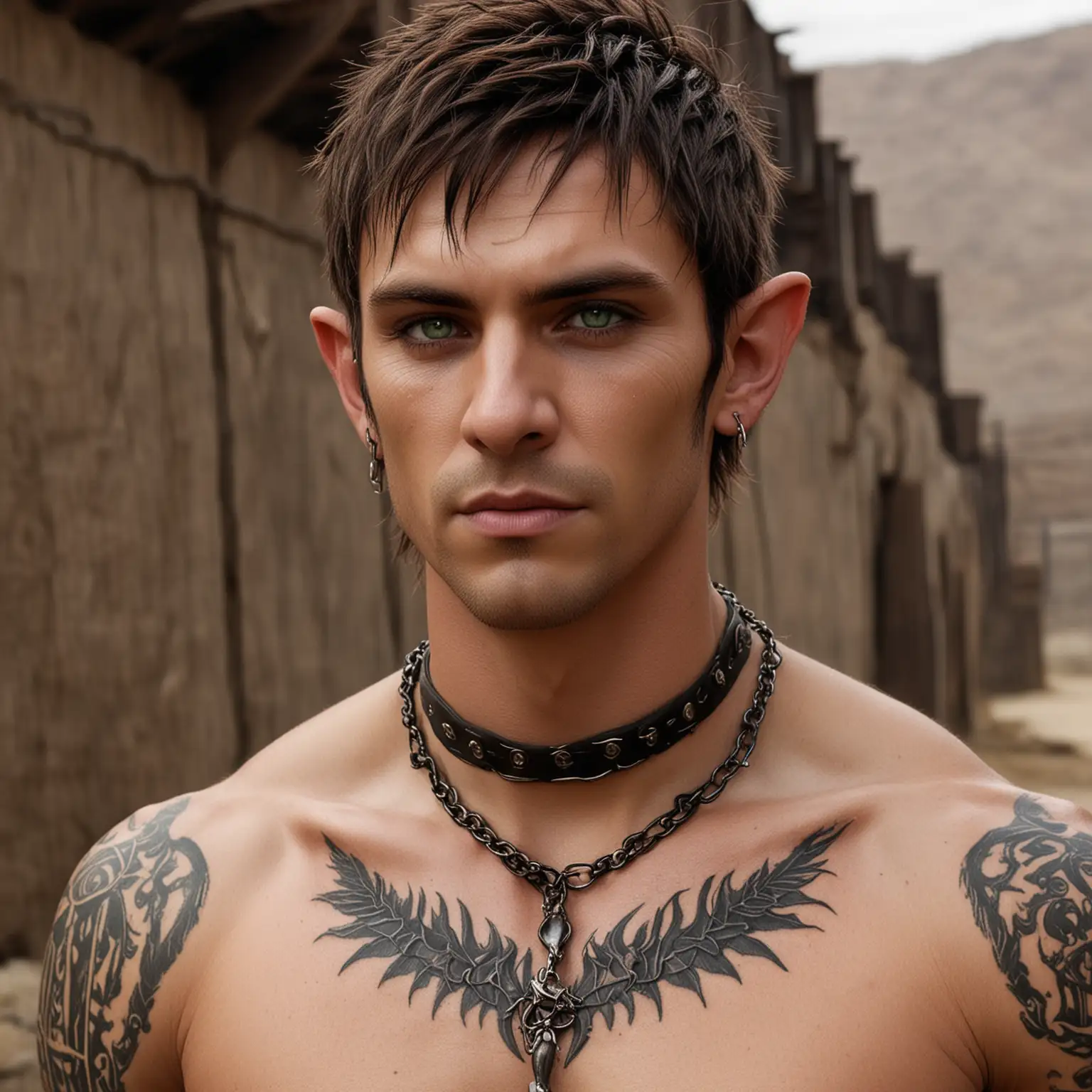 Handsome Male Elf with Tattoos and Earth Magic in Desert Prison