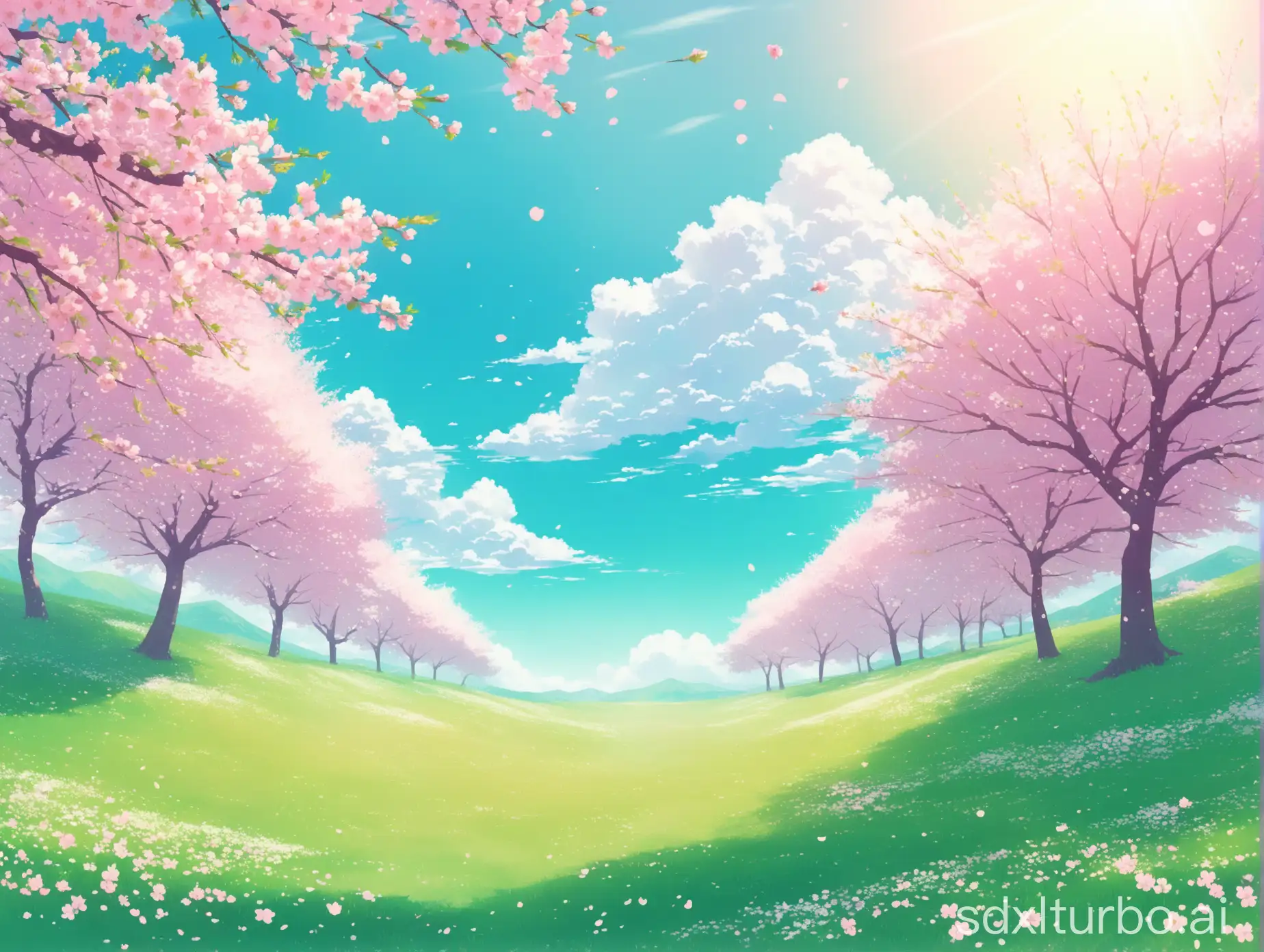A serene springtime landscape, vibrant blue sky with wispy clouds, blooming cherry blossom trees with pink flowers, lush green grass field dotted with small white flowers, warm sunlight, anime style, soft pastel colors, no characters