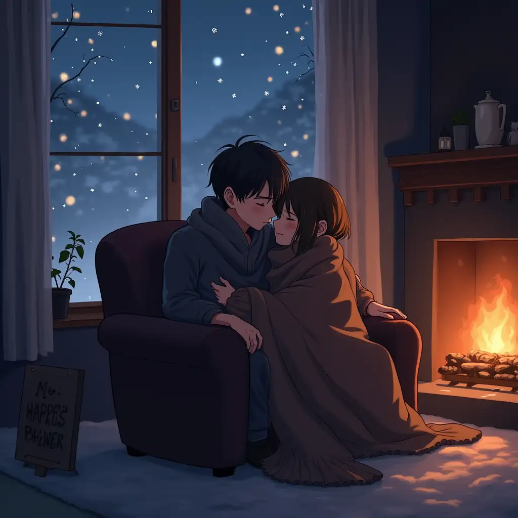 Cozy-Anime-Couple-Embracing-Under-Blanket-by-Fireplace-with-Snow-Outside