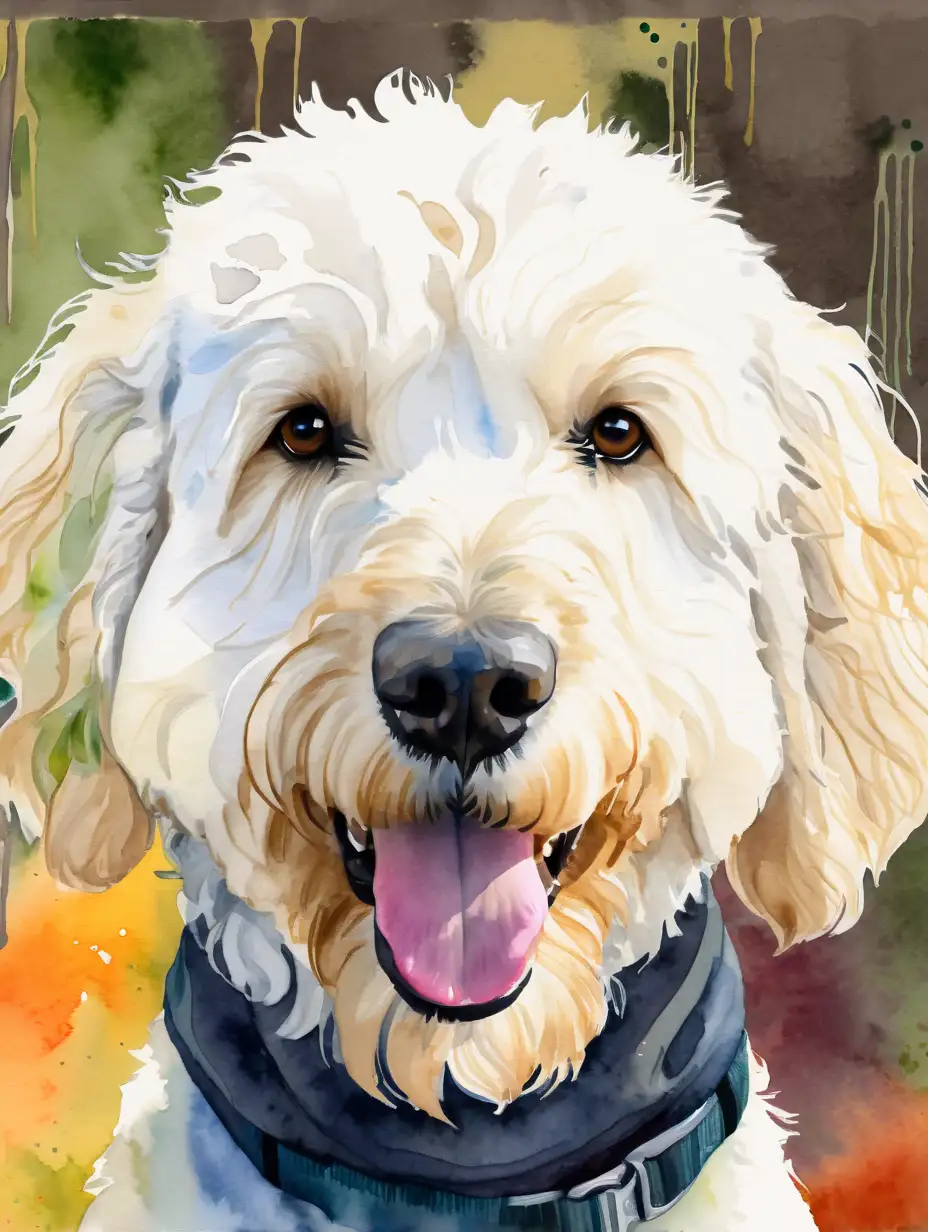 HandPainted Watercolor of a Cream Golden Doodle Dog