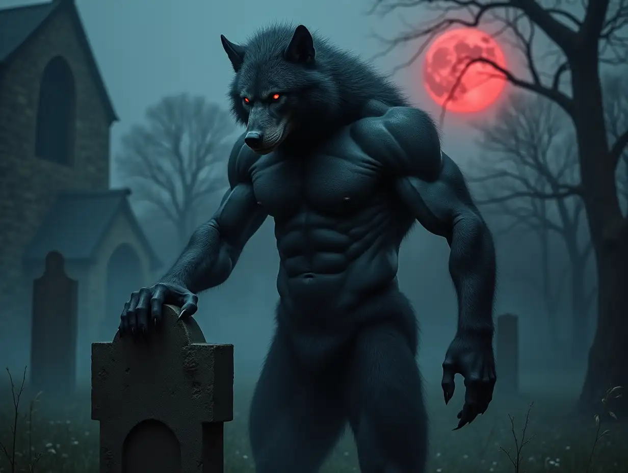 In the misty night of a ruined abbey's cemetery, a powerful werewolf stands imposingly. His body is a striking mix of silky fur and glossy black skin, muscles defined by bulging abs and impressive pecs. One paw rests on a weathered tombstone, adding to his menacing presence. The fog swirls around him, enhancing the eerie atmosphere, while the red moonlight casts a silvery glow, highlighting his fierce features. The scene is captured in stunning detail, realistic photography