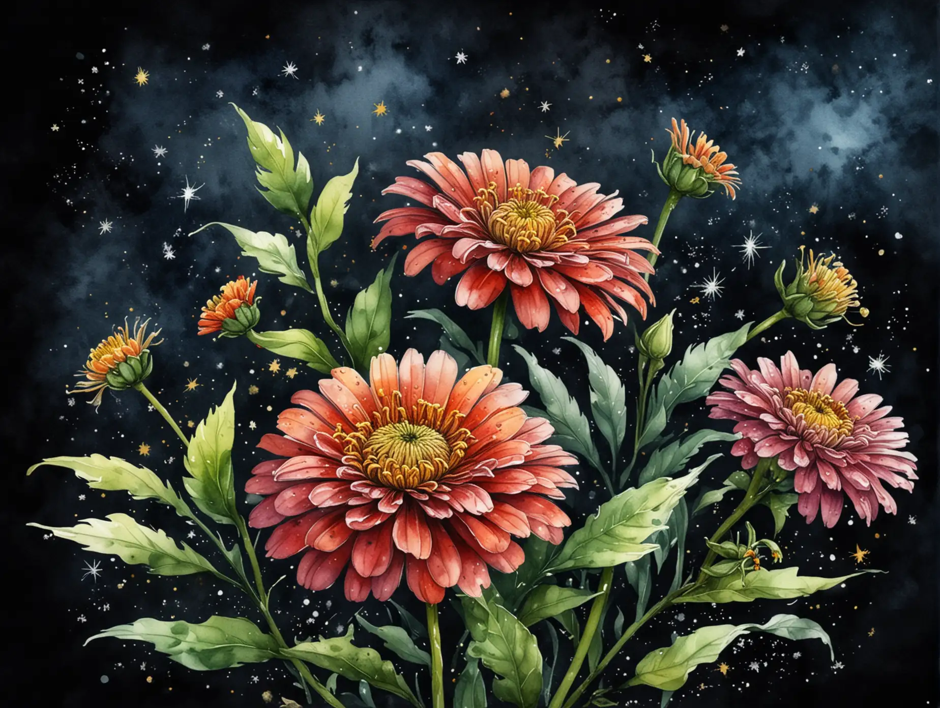 Zinnia-Flowers-on-Dark-Background-with-Stars-Watercolor-Painting