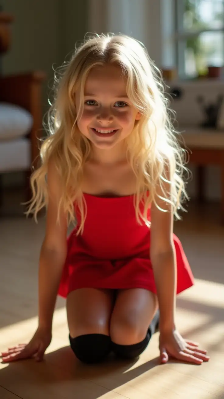 Adorable-Tween-Girl-in-Red-Dress-and-KneeHigh-Socks