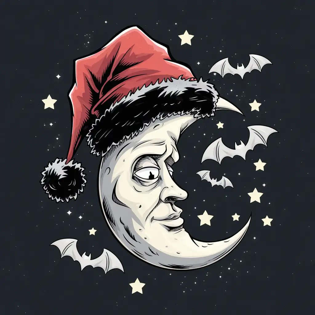 Gothic Moon in a Black Santa Hat with Trim