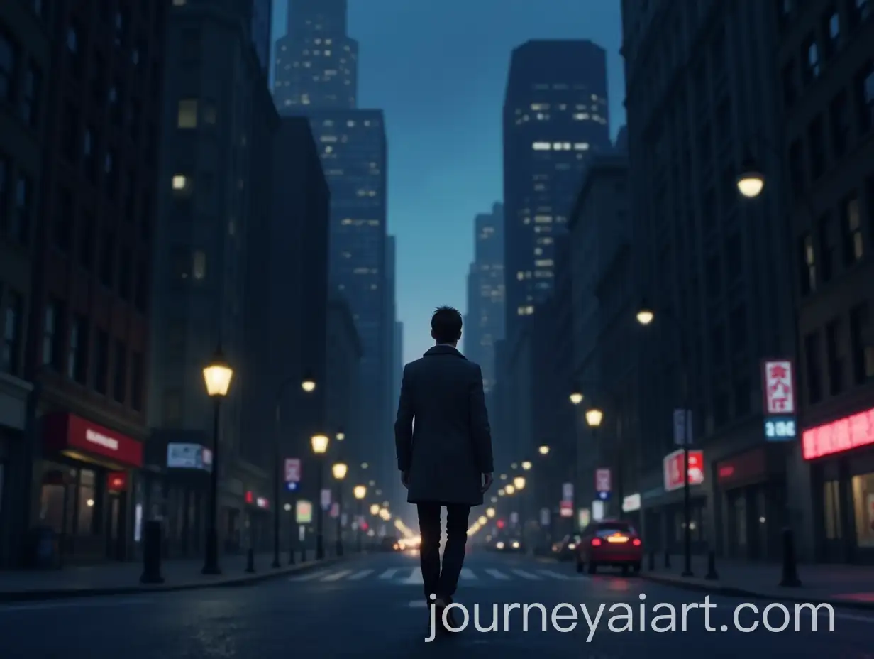 Man-in-Coat-Walking-Down-City-Street-at-Dusk-in-Anime-Style