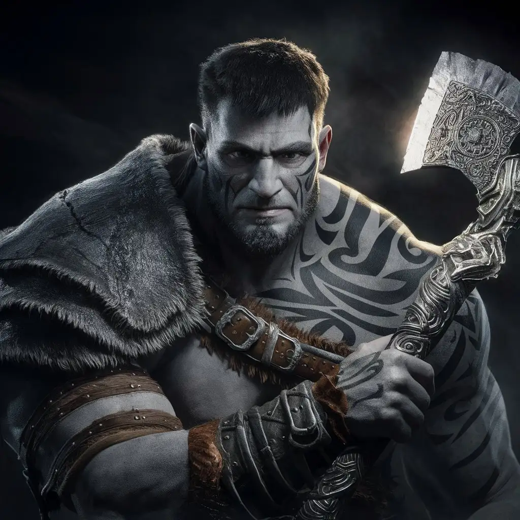 Handsome GreySkinned HalfGiant with Tribal Tattoos Holding a Magical Silver Great Axe