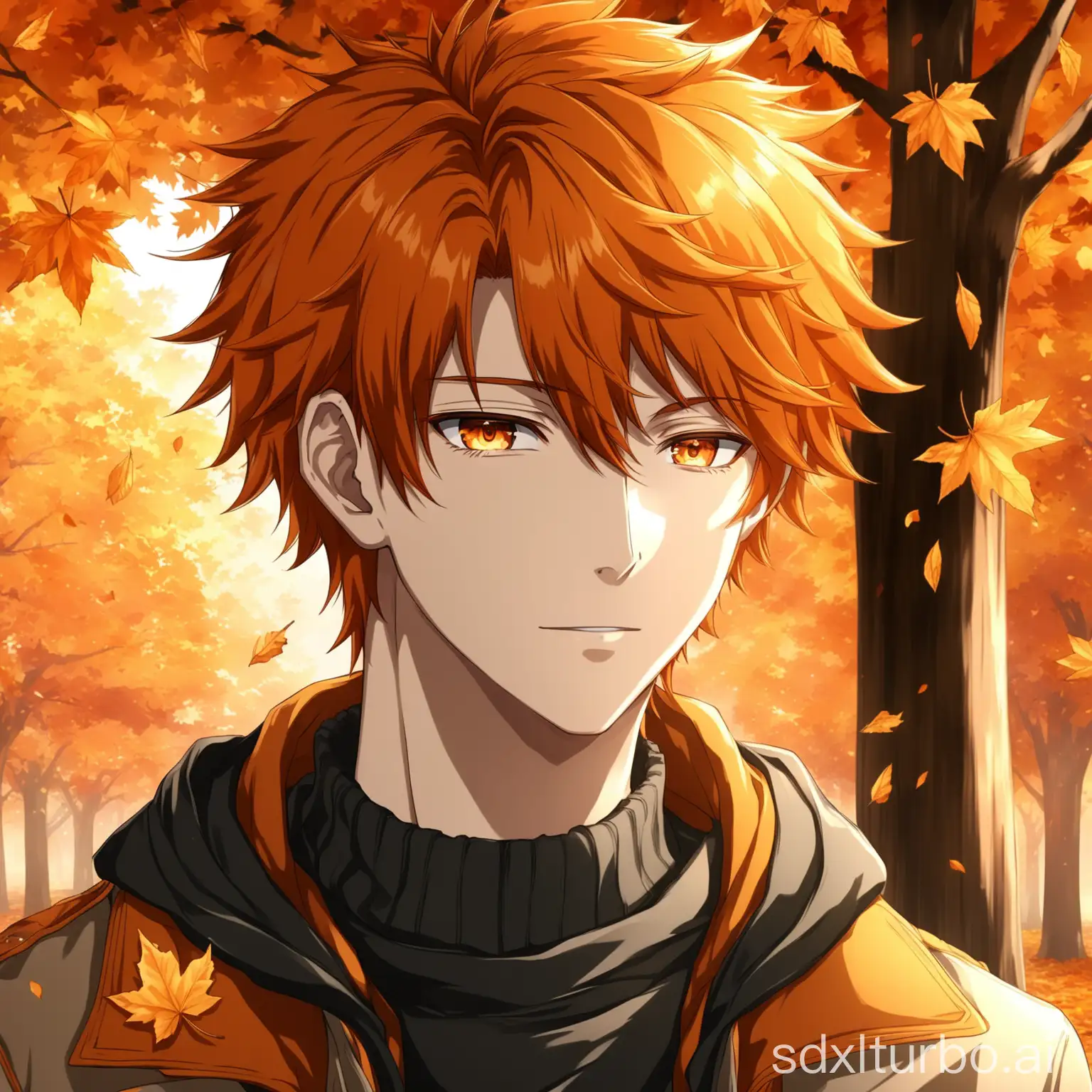 Anime-Boy-with-Orange-Hair-Standing-in-Autumn-Leaves