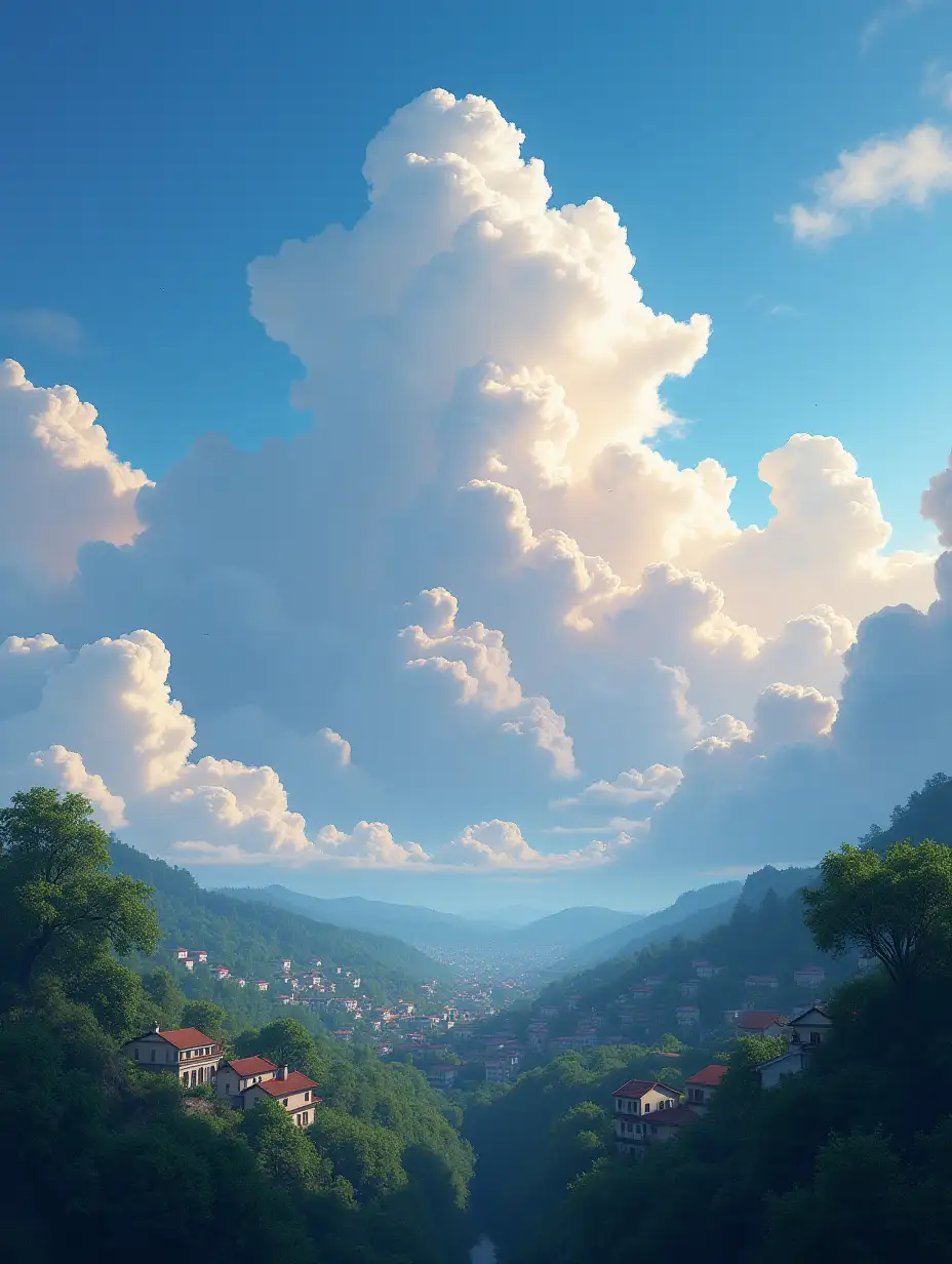 Sky, hight place, lots of clouds, magical, trees, houses, beautiful, hd, a lot of layers