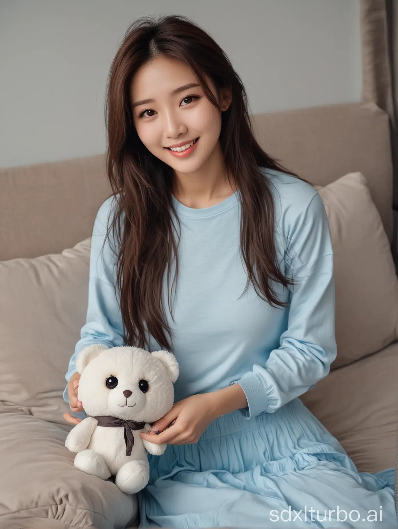 Chinese-Woman-with-Sweet-Smile-and-Plush-Toy-Sitting-on-Sofa-on-a-Winter-Night