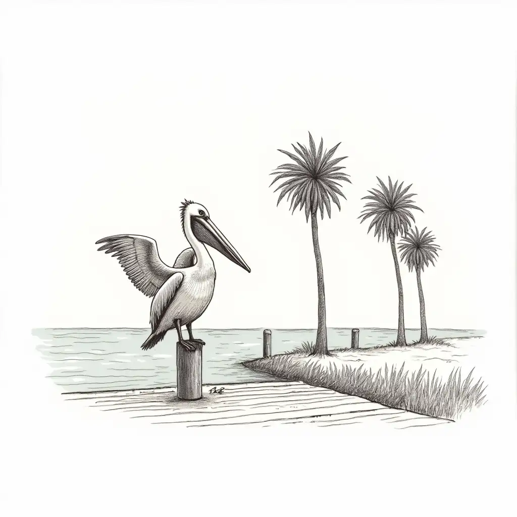 A distressed and faded vintage hand-drawn sketch of a pelican sitting on a pier post. The pelican has its wings spread out. In the background, there are palm trees. The scene is set on a clean white background.