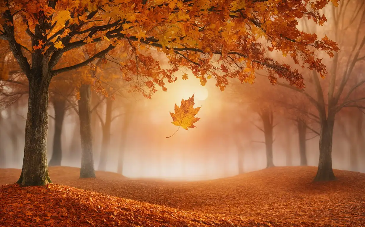 A serene autumn scene featuring a canopy of orange and yellow leaves hanging from tree branches. The ground is covered with fallen leaves, and a single leaf is floating down. The background is slightly blurred, capturing the warm glow of a setting sun. Add a subtle touch of mist in the background for a dreamy atmosphere.