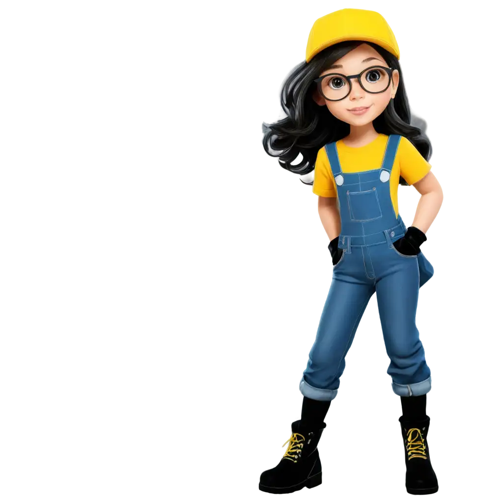 Cartoon-Style-PNG-Image-Little-Girl-in-Overalls-and-Yellow-TShirt-with-Black-Glasses-Boots-and-Gloves