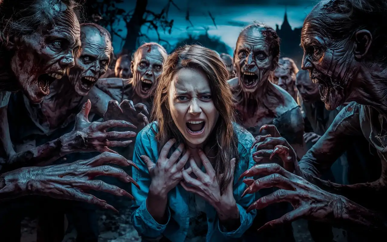 Terrifying-Zombie-Crowd-Reaching-for-a-Frightened-Woman-in-Dark-Night-Scene