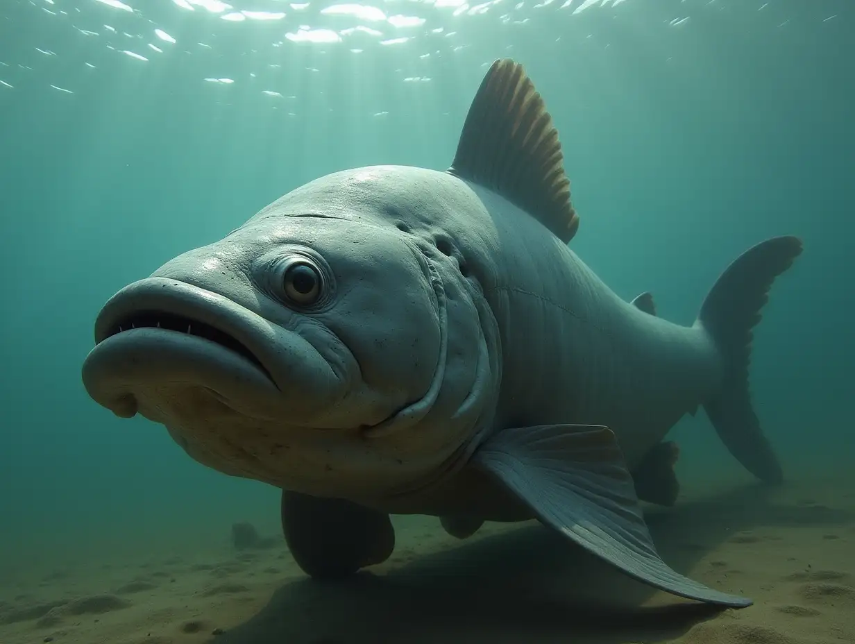 Majestic Giant Catfish Swimming in Crystal Clear Waters