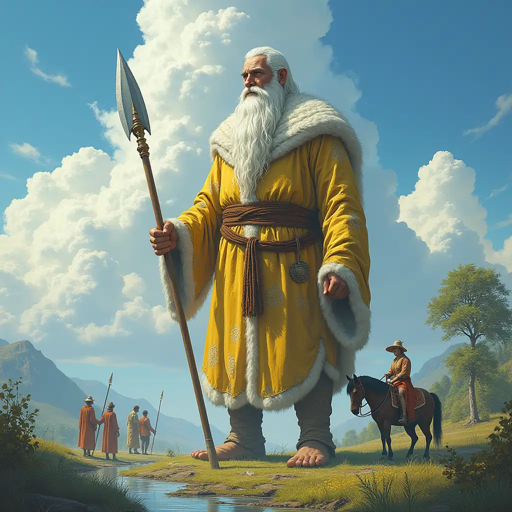 Mega steintitan,15 meters tall old-fashioned,with yellow-white patterned robe looking at the ground,long white beard with braid by the river,plants,tree spear,horses blue sky,strong clouds with many people