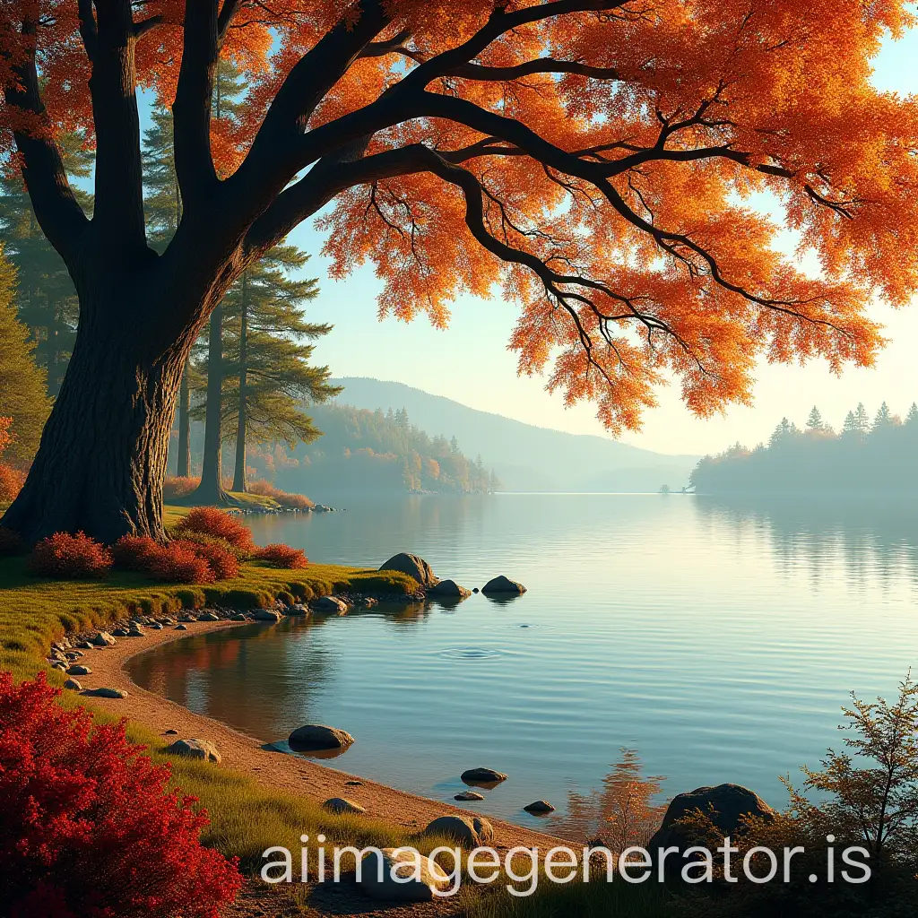 Serene-Autumn-Lakeside-Landscape-with-Reflective-Water-and-Vibrant-Foliage