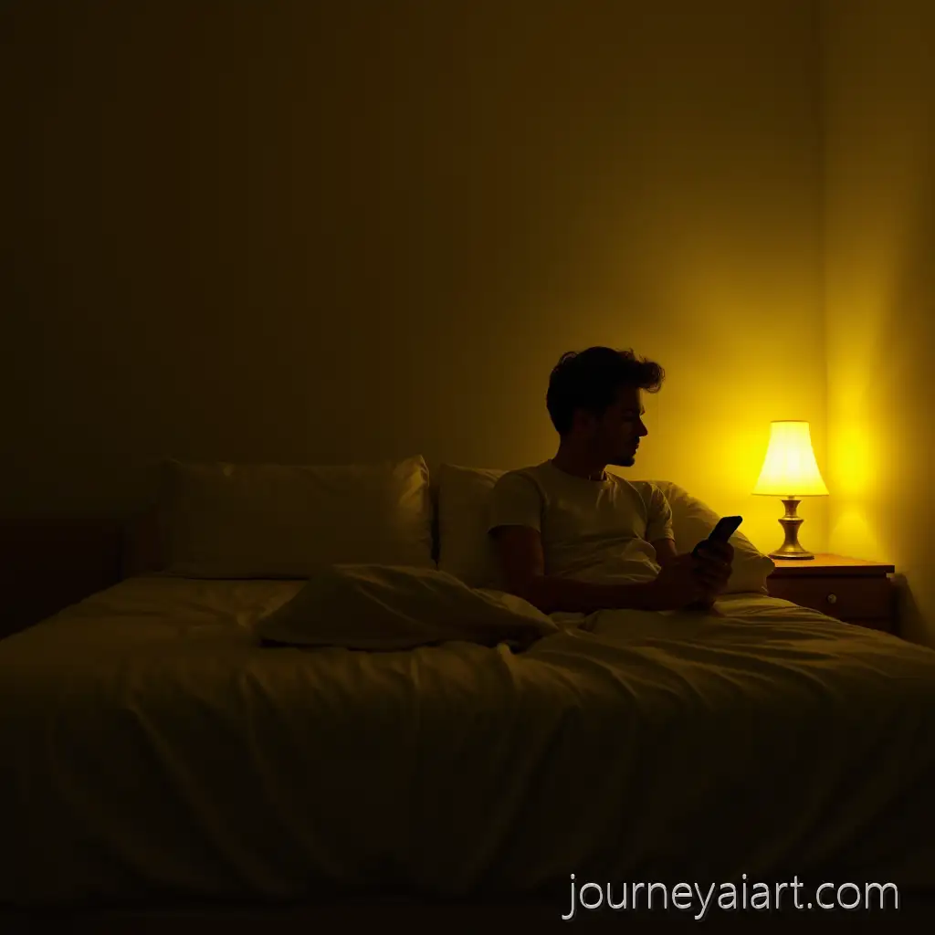 Man-Lying-on-Bed-in-a-Dark-Room-Scrolling-on-Phone-with-Yellow-Lighting
