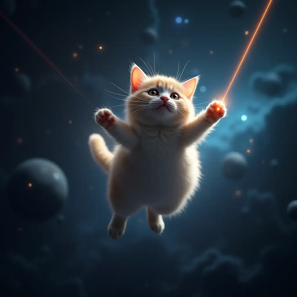 an Aryan cat floating in space, laser beams comming out of its eyes