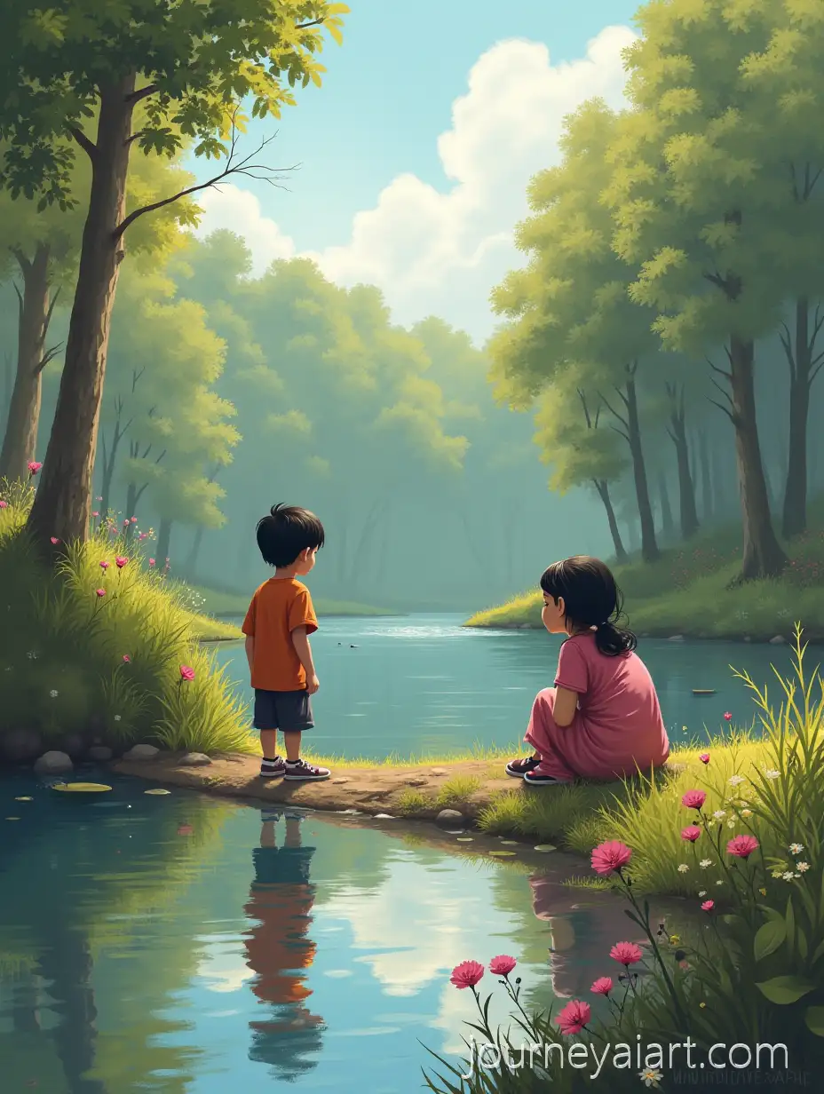 Boy-Arsen-and-Girl-Malika-Playing-by-the-Riverbank