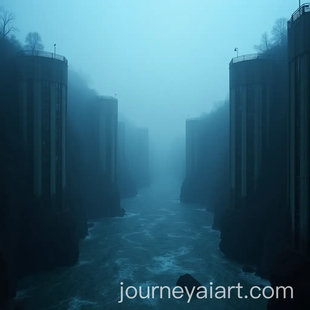 Wild-River-with-Tall-Cliffs-and-Brutalist-Architecture-in-Fog-at-Blue-Hour