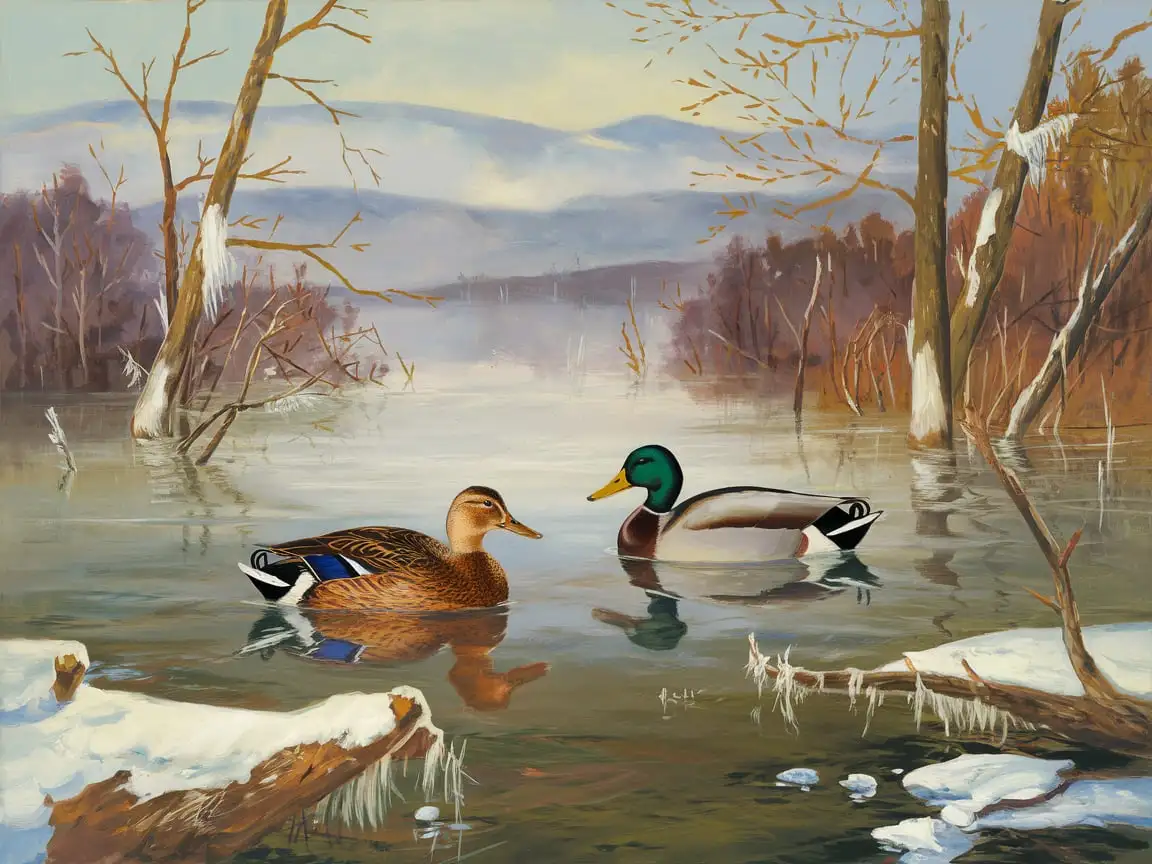 Winter Mallard Ducks in Flooded Forest Scene