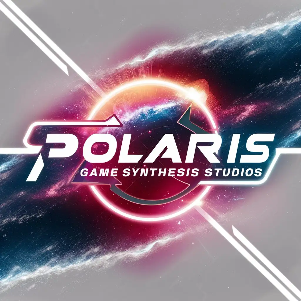 a logo design,with the text "Polaris Game Synthesis Studios", main symbol:Polaris,Game Synthesis,Synthwave,space,neon light,particle effects,galaxy,4k,epic,Moderate,clear background