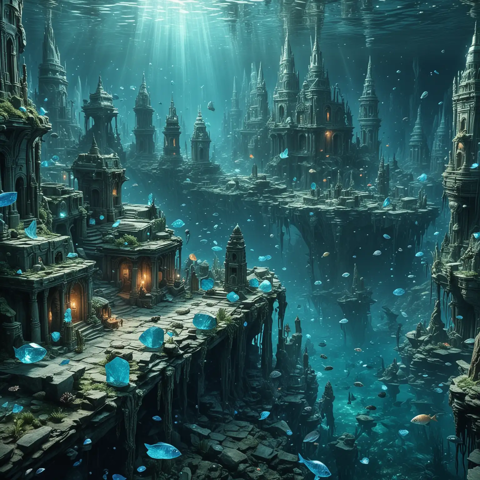 An ancient civilization where the city is underwater and the inhabitants are blue mermaids. There are crystals everywhere, fish.