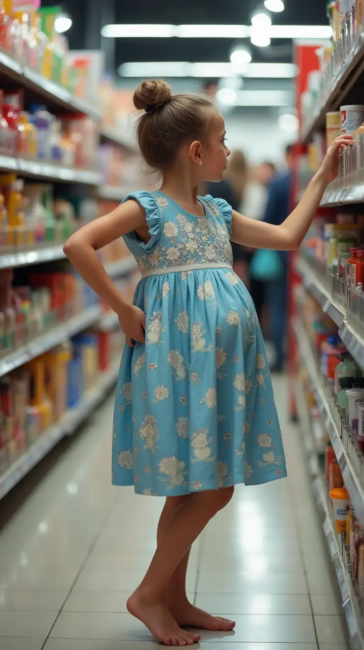 Pregnant-Woman-Reaching-for-Shelf-in-Busy-Store