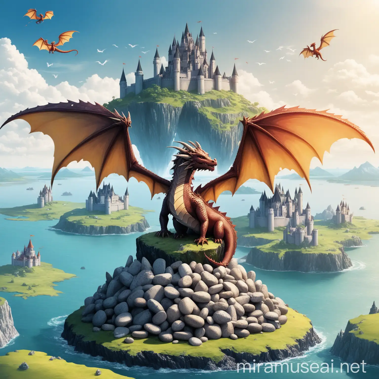 Dragon on Stone Pile with Flying Castle Island