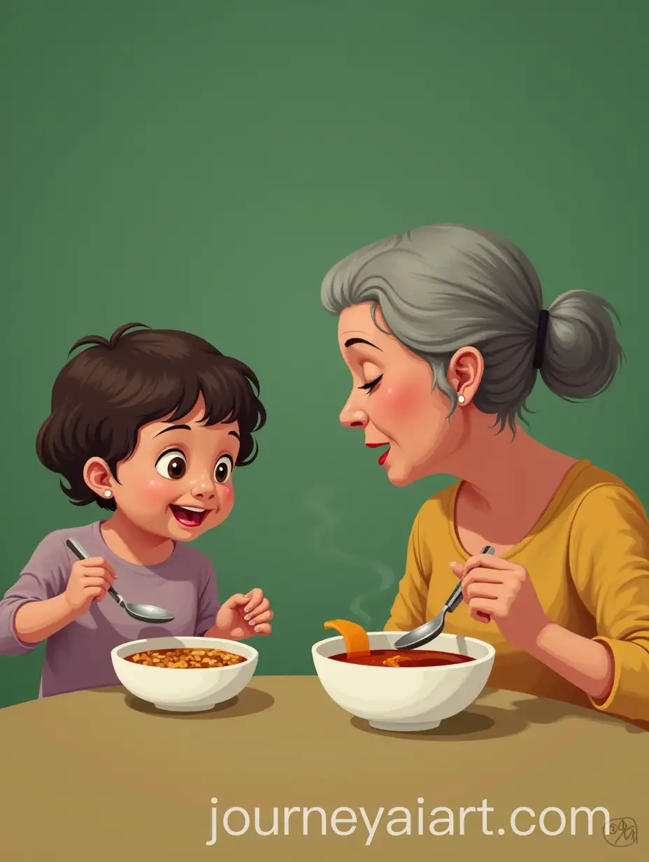 Grandmother-and-Grandchild-Sharing-Soup-Green-Background