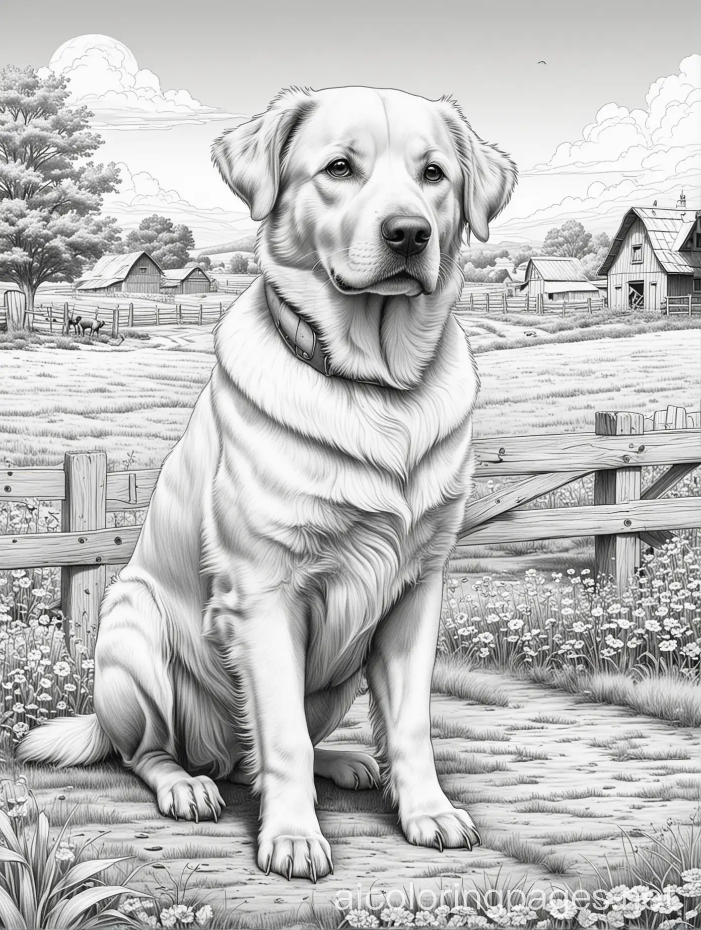 old dog on farm, black and white, line drawing, Coloring Page, black and white, line art, white background, Simplicity, Ample White Space. The background of the coloring page is plain white to make it easy for young children to color within the lines. The outlines of all the subjects are easy to distinguish, making it simple for kids to color without too much difficulty