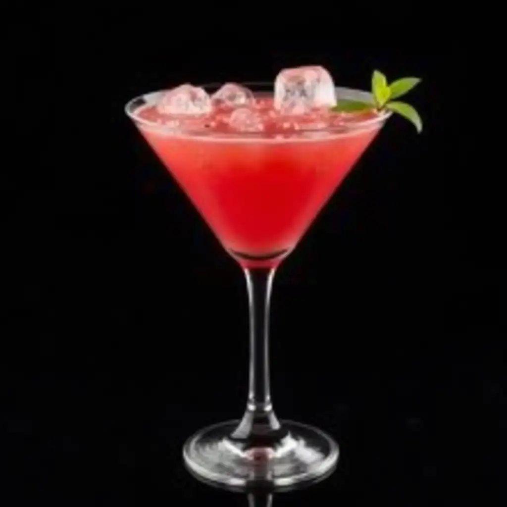 Don't worry, a cocktail on a black background, a martini glass, the bright red color of watermelon puree, tonic bubbles, transparent ice cubes, no deformed or blurred elements, high-quality details. there should be no decorations on the glass or on the background of the glass either. Just a drink and ice, please