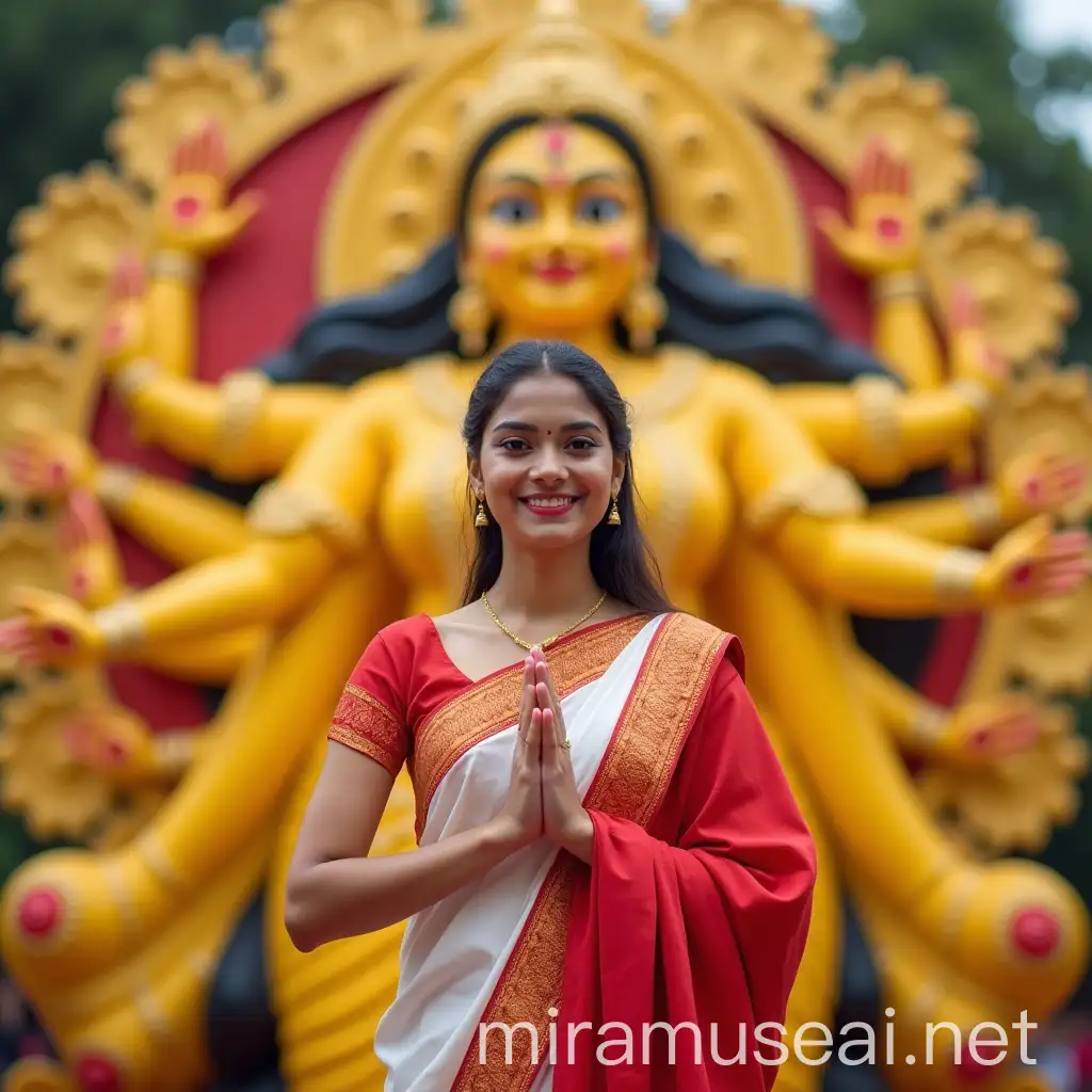 Young Indian Woman in Red and White Saree Celebrating Durga Puja