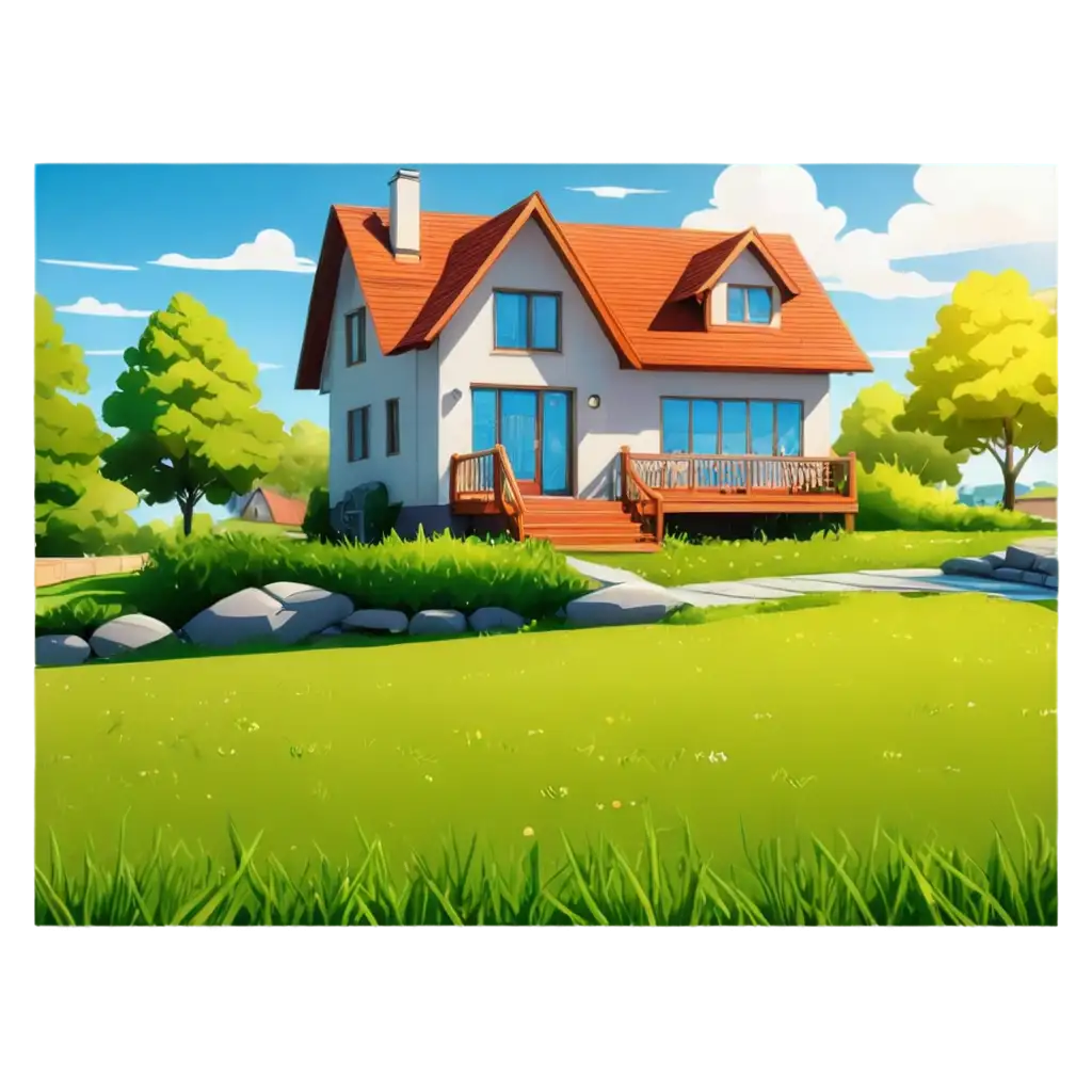 Colorful-Cartoon-House-with-Yard-and-Blue-Sky-PNG-Image-for-Optimized-Use