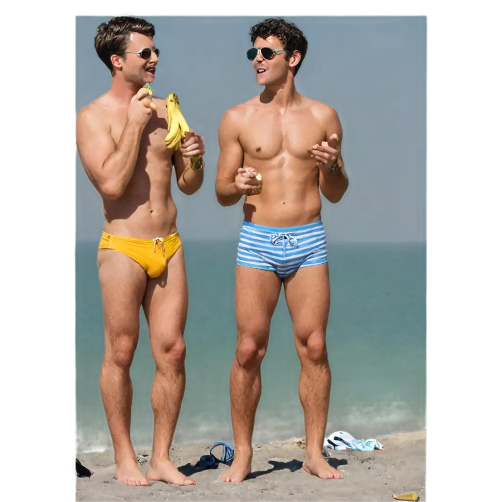 PNG-Image-Two-Handsome-Men-with-Cats-on-Beach-Eating-Bananas-in-Speedos