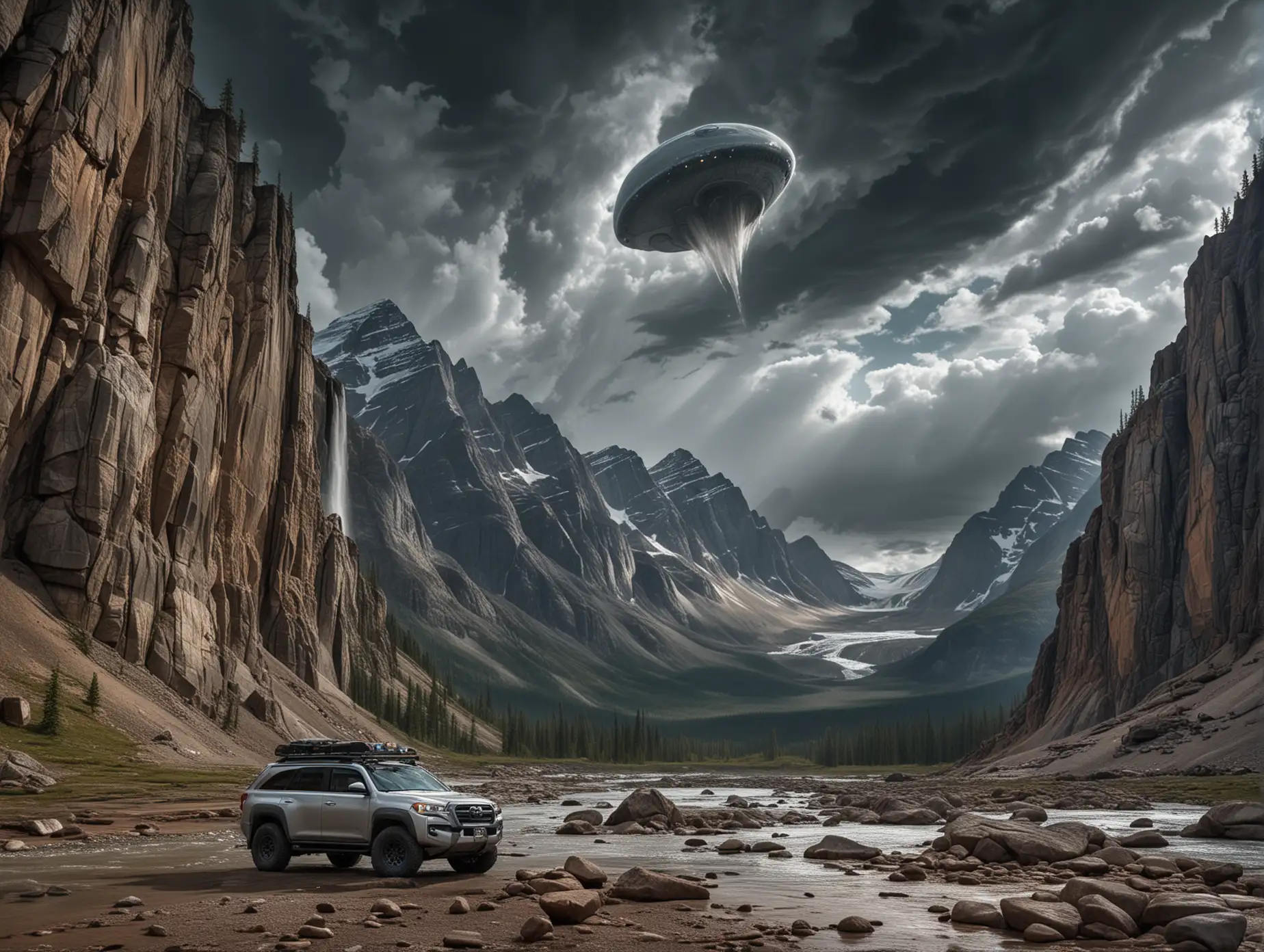 An alien ship is seen in dark sky clouds in a mountain valley with high-resolution and highly detailed mountain rock texture in Jasper National Park, with a wide waterfall in the distance, with a female astronaut in a bikini standing in front of her vehicle in the distance. The image is high-quality and high-resolution. No NSFW.