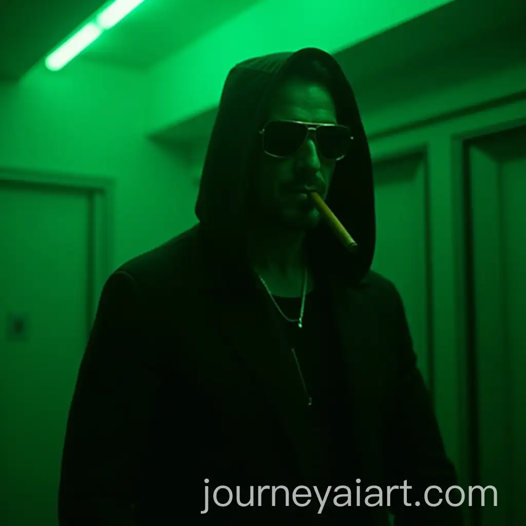 Mysterious-Hooded-Figure-Smoking-Cigar-in-Green-Neonlit-Room