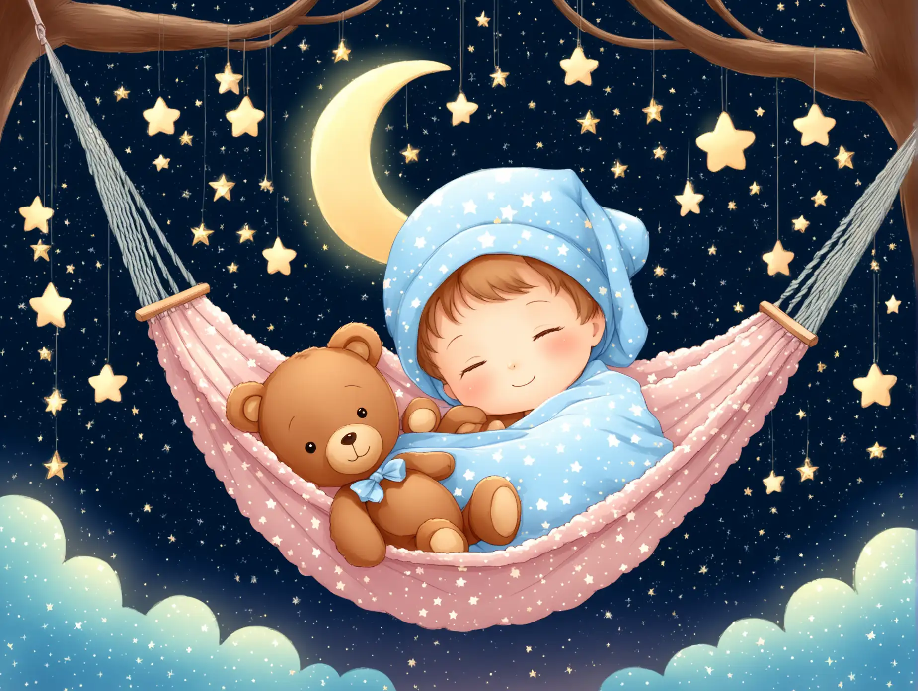 Cute-Baby-Teddy-Bear-SleepingAI-Image-Prompt-Expansion-in-a-Blue-PolkaDot-Hammock-Under-a-Starry-Sky