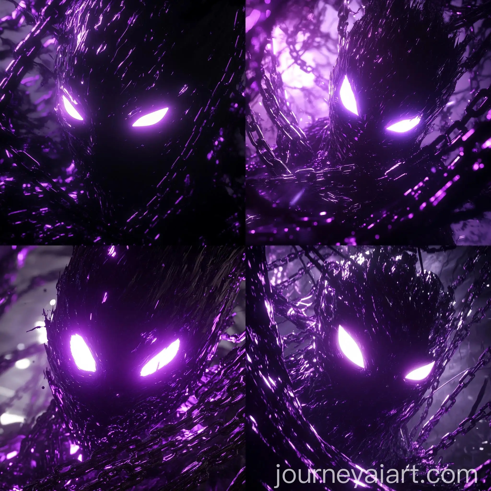 Dark-Purple-Glass-Sculpture-with-Glowing-Eyes-and-Chains
