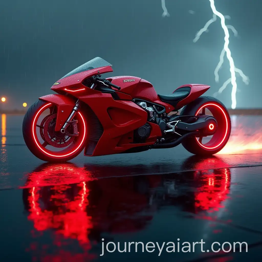 Futuristic-Red-Ferrari-Motorcycle-Speeding-on-Wet-Runway-with-Lightning-Storm