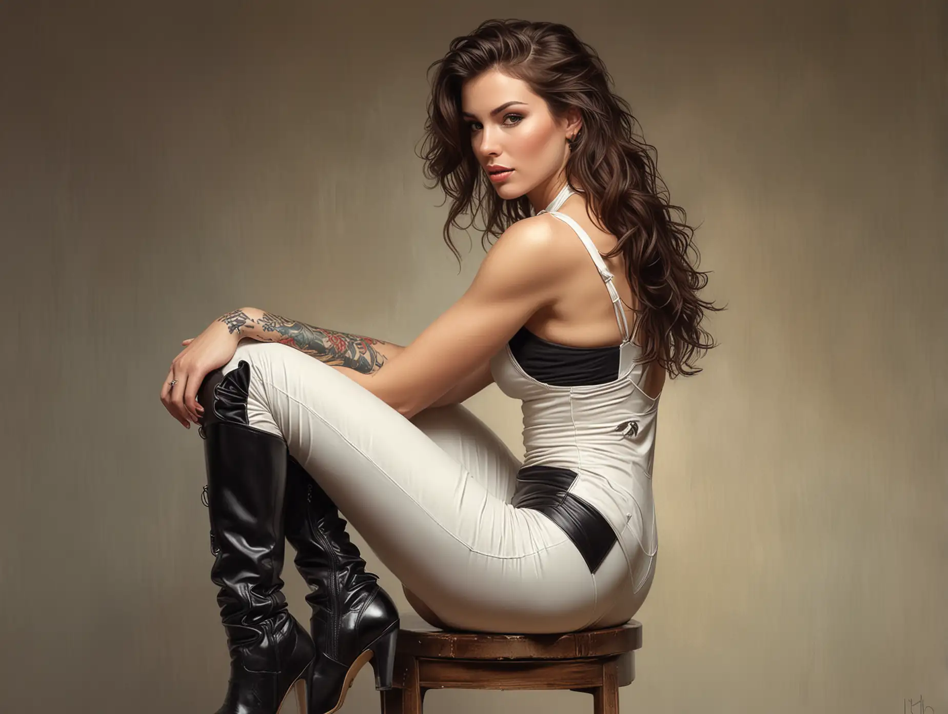 Striking-White-Female-in-High-Heel-Boots-with-Dragon-Tattoo-Sitting-on-Wooden-Chair