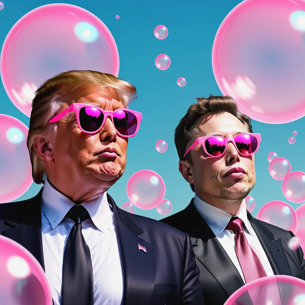 Donald-Trump-and-Elon-Musk-Blowing-Bubblegum-Bubbles-with-Pink-Sunglasses-in-Retro-Aesthetic