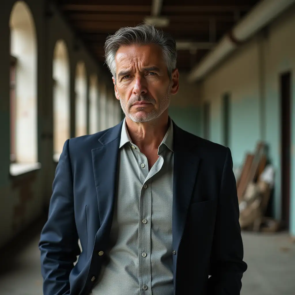 A man in his late 40s, he looks like he doesn’t sleep much and he seems irritated, he dresses in a smart-casual WASP style, like a Golf Digest model. Background is the interior of a disused office building.