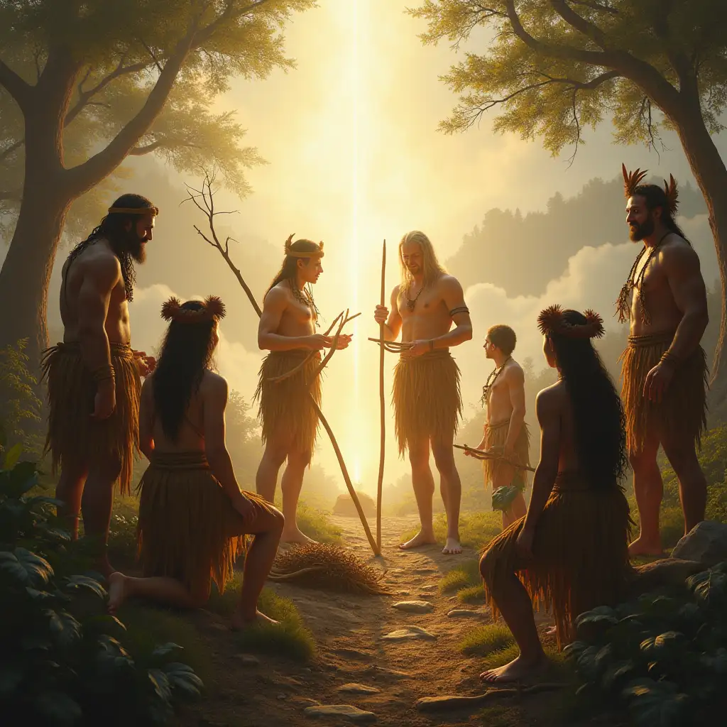 A symbolic scene of supernatural warrior beings teaching weaving and carving to early humans. Beings radiate light, while humans watch in awe. In the background, mist rises as the elder beings retreat into forests and hills.