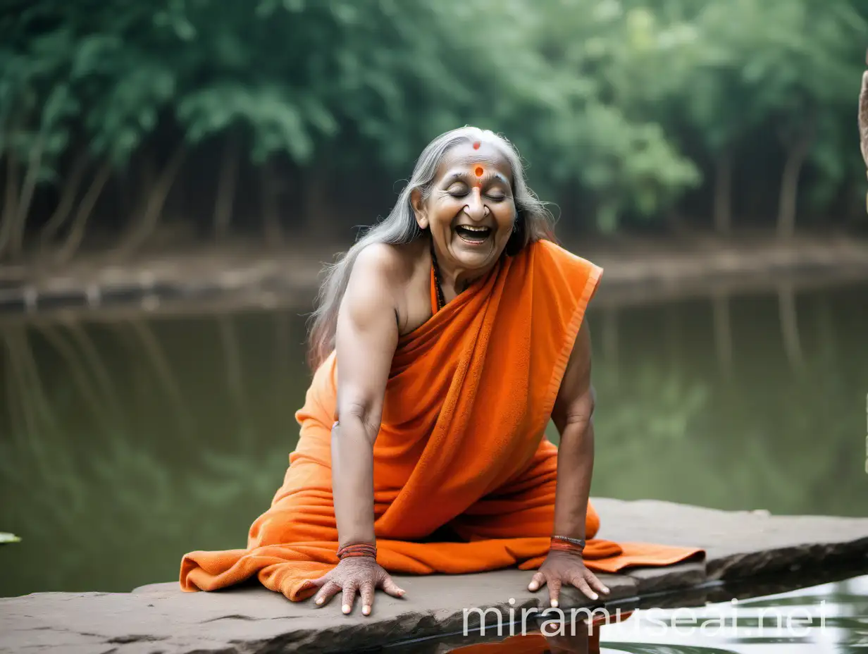 Elderly Hindu Monk Woman Doing Pushups by Pond Shore at Morning