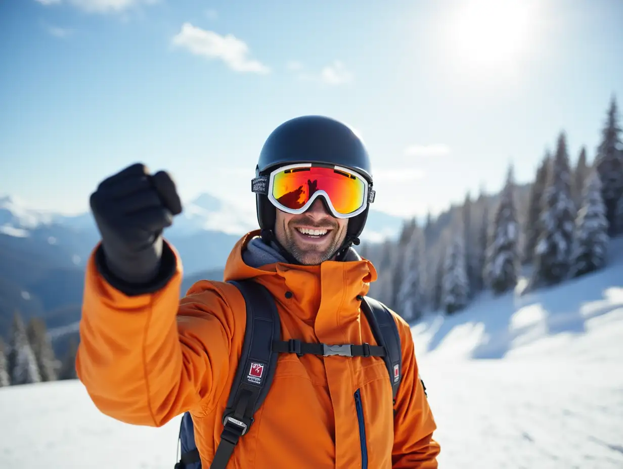 Vibrant-Orange-Snowboarder-Triumphantly-Raises-Fist-at-Alpine-Ski-Resort