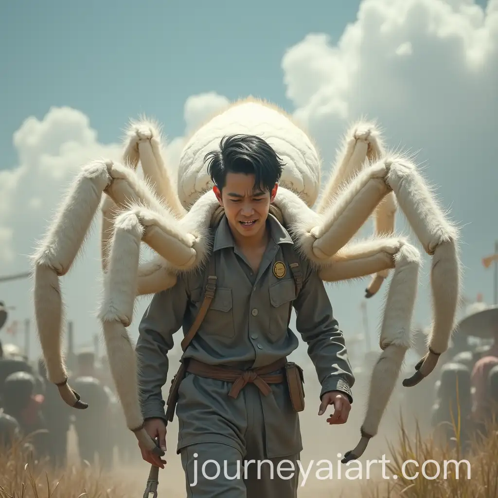 Asian-Man-Grimacing-in-Pain-Carrying-Enormous-Detailed-Spider-on-Battlefield