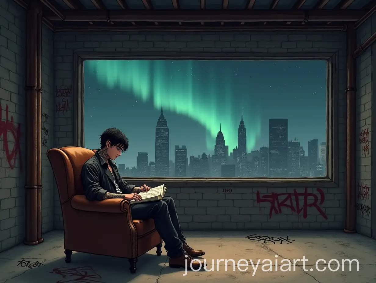 Urban-Warrior-in-Retro-Clothing-Reading-in-an-Industrial-Room