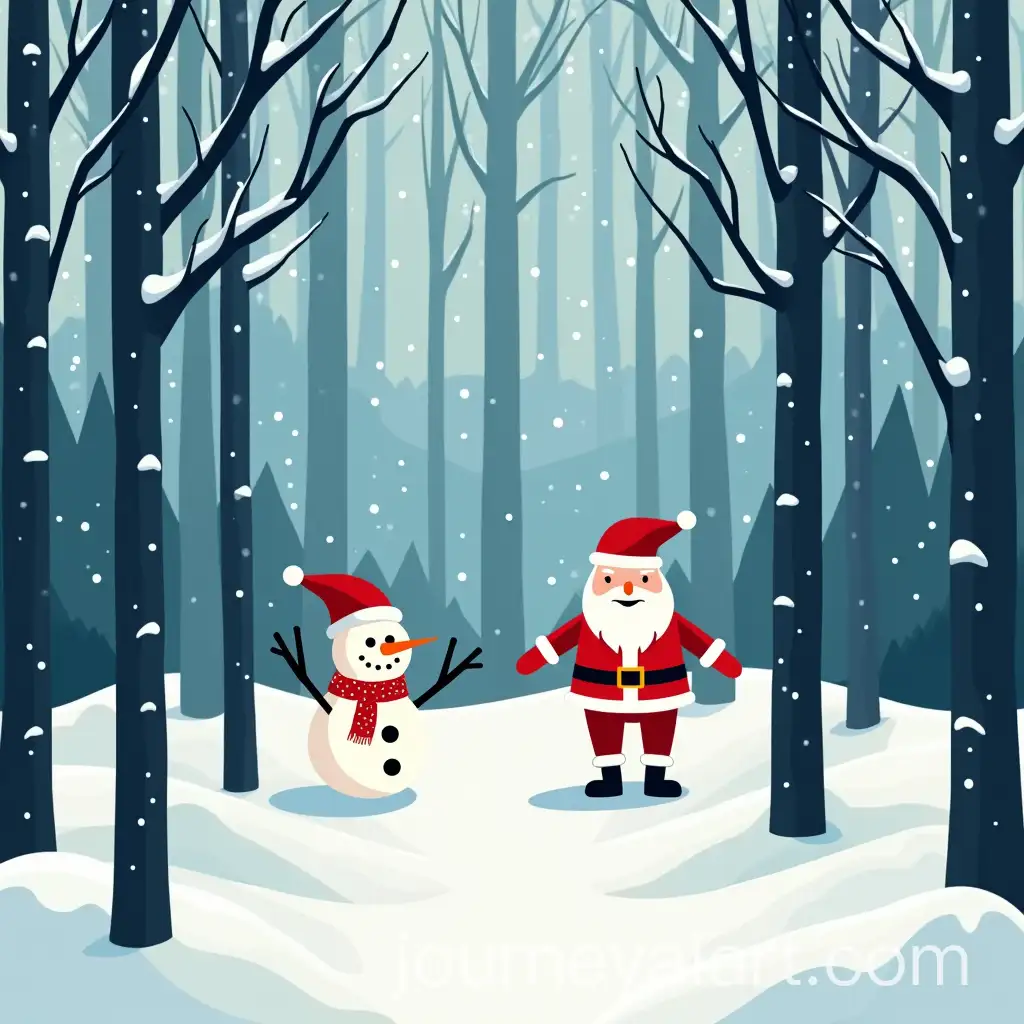Christmas-Illustration-Featuring-Snowman-and-Santa-in-an-Abstract-Winter-Forest